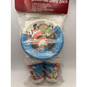 American Greetings Vtg Christmas Party Pack PlatesCupsTableCloth 1984 Santa Deer